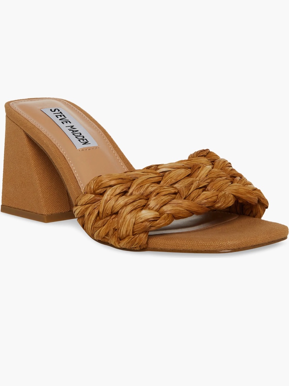 Steve Madden Mylee Raffia Tan Braided Block Slide Heel